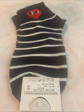 Women Black & White Striped Ankle Socks with Red Heart Accent